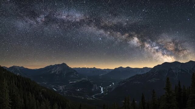 A breathtaking night panorama displays the luminous Milky Way galaxy and countless stars above majestic mountain peaks. Below, a serene valley holds a winding river and subtle distant lights from a se