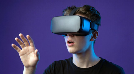 Immersive Reality: A young man experiences a virtual reality world, reaching out with anticipation, a vibrant blue hue hinting at the digital realm's allure.