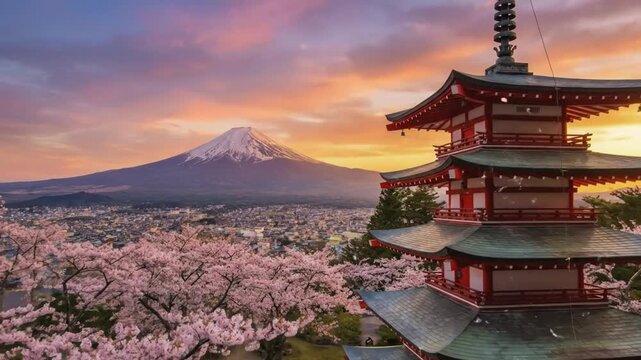 A breathtaking panoramic view captures an elegant traditional tiered pagoda with striking red and green roofs, majestically positioned amidst a lush landscape. Delicate pink cherry blossoms are in ful