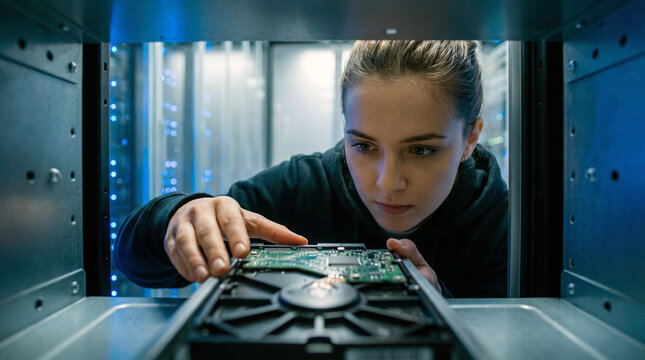 Tech Specialist: A focused technician meticulously inspects a hard drive within a modern data center, bathed in the cool glow of technological innovation. - Powered by Adobe
