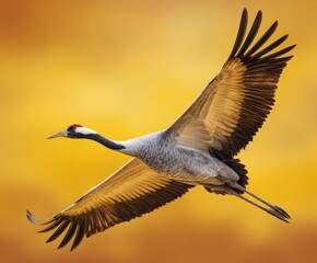 Obraz premium Large wading bird with black neck and red crown soars against a vibrant golden backdrop