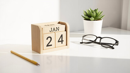 Wooden perpetual calendar on white desk with date, glasses, and succulent  