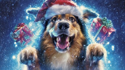Adorable pup in santa hat offers ultimate christmas spirit in art. Blockbuster poster. Playful dog with santa hat and gift, minor color adjustments, card. Promotional poster. Thriller poster.