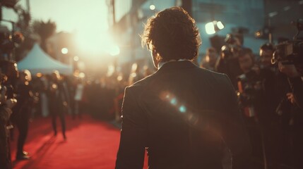 Celebrity arriving at red carpet event, walking past a crowd of paparazzi and flashing cameras, experiencing fame, success, and glamour under bright sunlight