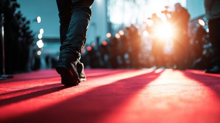 Person walking on a red carpet spotlighted by bright lights, surrounded by blurry crowd and paparazzi, representing fame, success, and exclusive event arrival