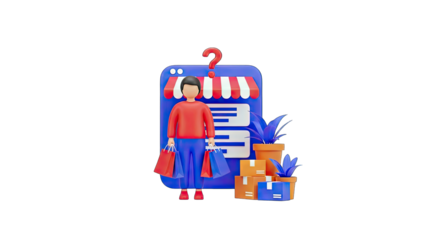 Online Shopping Concept: Person with bags in front of a phone with a shop and boxes.