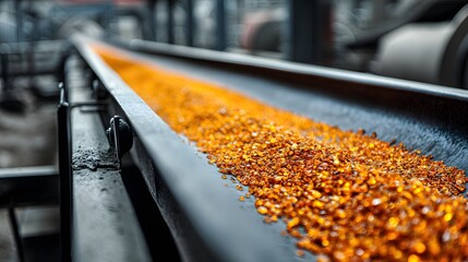 A conveyor belt transports golden material, a steady flow showcasing the industrial process with focused depth and metallic undertones.