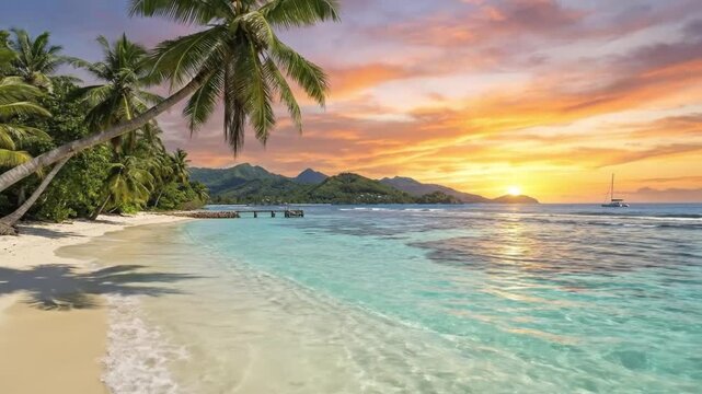 A breathtaking tropical beach scene unfolds with pristine white sands gently kissed by crystal-clear turquoise ocean waters. Lush green palm trees frame the foreground, their fronds swaying softly aga