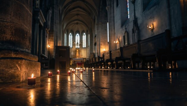 Line of small red lit candles on a polished stone floor leads down the aisle of a grand, historic cathedral with a solemn and peaceful atmosphere