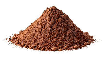 Pile of finely ground cocoa powder with small clumps on a dark surface isolated on a transparent background