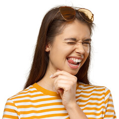 Close-up headshot of beautiful  student girl smiling and winking, looking at camera