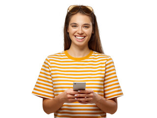 Happy young woman holding phone, texting and smiling