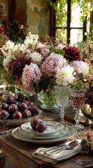 Elegant still life with lush floral arrangement and ripe plums on a rustic table, illuminated by soft window light, evoking classic interior styling, romance, and timeless home decor.