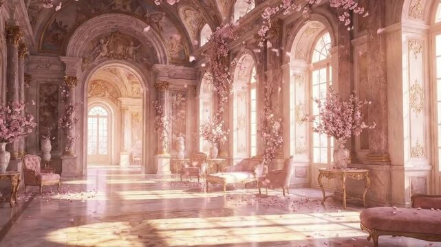A breathtakingly luxurious and elegant hall is bathed in soft, warm light, creating an enchanting and ethereal atmosphere. Ornate architectural details, gilded accents, and classical frescoes adorn th