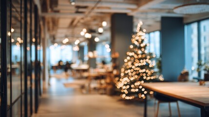 Christmas tree with bokeh lights illuminating a modern corporate office interior, creating a festive holiday atmosphere for business celebrations and year end events