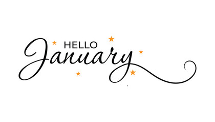 Hello january hand drawn lettering card with doodle snowlakes and bird. Inspirational winter quote. Motivational print for invitation or greeting cards, brochures, poster, t-shirts, mugs
