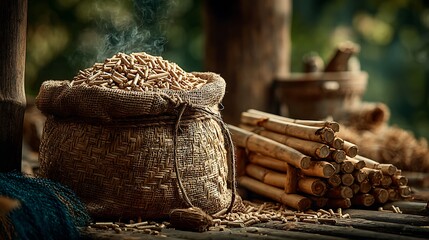 Bamboo energy pellets stacked in eco sack high resolution picture