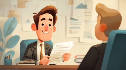 Business professional holding a resume and smiling during a job interview, conducting a hiring meeting with a new candidate in an office setting, discussing career opportunities