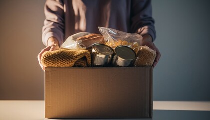 Cardboard donation box filled with canned food, pasta, and warm clothing is held by a volunteer, symbolizing charity, humanitarian aid, and community support