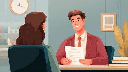 Man conducting a professional job interview in an office, reviewing a resume with a female candidate, discussing career opportunities and potential employment