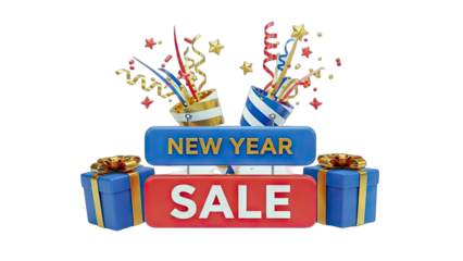 New Year Sale with Confetti and Gift Boxes