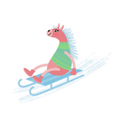 Cute festive illustration of a pink horse sliding downhill on a sled. Playful holiday character in flat style, perfect for Christmas, New Year, celebrations, cards, and kids designs.