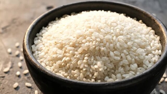 A captivating close-up showcases a deep black ceramic bowl brimming with an abundance of uncooked white short-grain rice, resting on a textured dark countertop. Several individual rice grains are scat