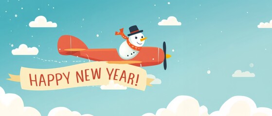 Naklejka premium Happy new year banner pulled by a red airplane flown by a snowman in a blue sky with white clouds. Winter holiday greeting card and celebration.