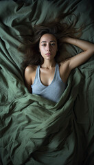 Young woman lying on green bed in gray tank top with arms raised.