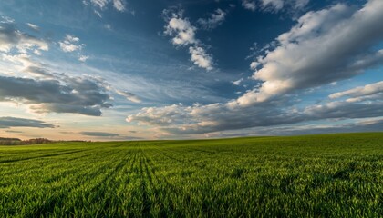 Vast green agricultural field with rows of young sprouts stretches across rolling hills under a dramatic blue sky with scattered clouds during a peaceful golden hour