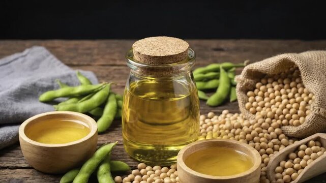 A captivating rustic still life featuring an array of soybean products, including rich golden soybean oil in a corked glass bottle and elegant wooden bowls. Fresh green soybean pods are artfully scatt