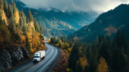 Truck traveling on a winding mountain highway through a vibrant autumn forest, showcasing logistics, transportation, and road trip concepts in changing seasonal landscape