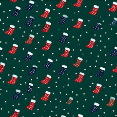 repeating pattern of christmas stockings on a rocky green background with dark blue and white polka dots in the style of christmas pudding