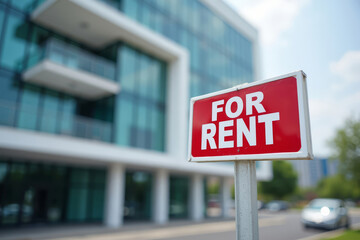 Obraz premium Red For Rent Sign Near Office Building. Commercial Property Rental. Modern Office Leasing