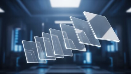 Transparent glass or screen layers floating in a futuristic blue-lit technological environment, representing data or display concepts.