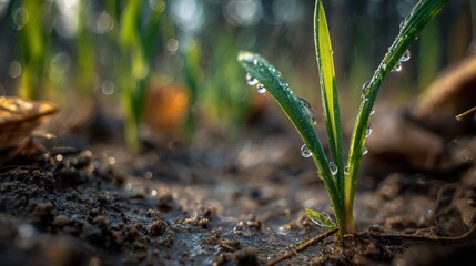Green seedling emerging from dark soil, covered in sparkling dew drops, symbolizing new life, growth, fresh beginnings, agriculture, natural beauty, and environmental renewal