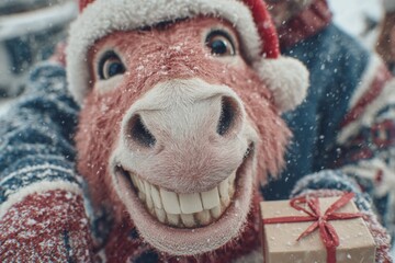 Smiling red foal welcomes the holidays with a festive spirit. Hero poster. Cute foal with gift and santa hat in a picture-perfect christmas card. Scifi poster. Promotional poster.