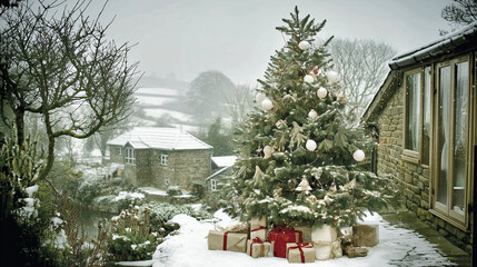 Christmas in the garden under snowfall: decorated Christmas tree with presents