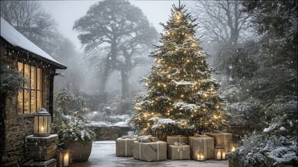 Decorated Christmas tree with presents in the garden under snowfall