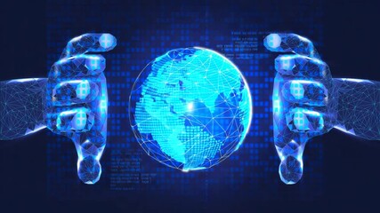 A futuristic depiction of hands holding a glowing digital globe, representing global connectivity and technological advancement. - Powered by Adobe