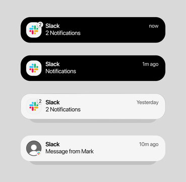 Slack iOS notification alert banner on iPhone interface, showing chat messages, mentions and team activity updates, representing modern mobile system UI in an editorial vector illustration.