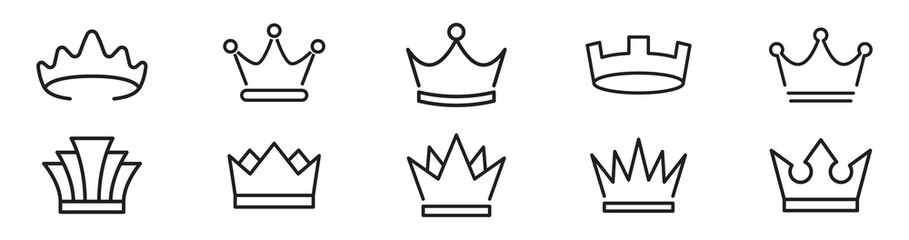 Crown line icon set. Royal crown outline symbols collection. Minimal linear king and queen crowns. Monarchy, leadership and achievement signs. Editable stroke icons – stock vector © Mr. Stocker