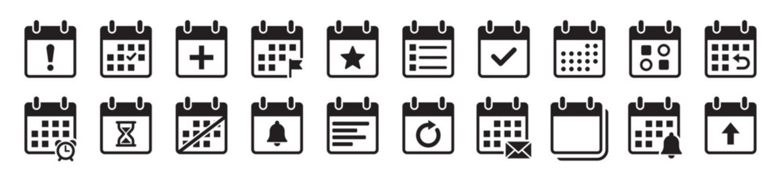 Calendar solid icon set. Planner and schedule symbols collection. Reminder, notification and event icons. Business planning, time management and appointment signs. Black calendar icons &ndash; stock vector