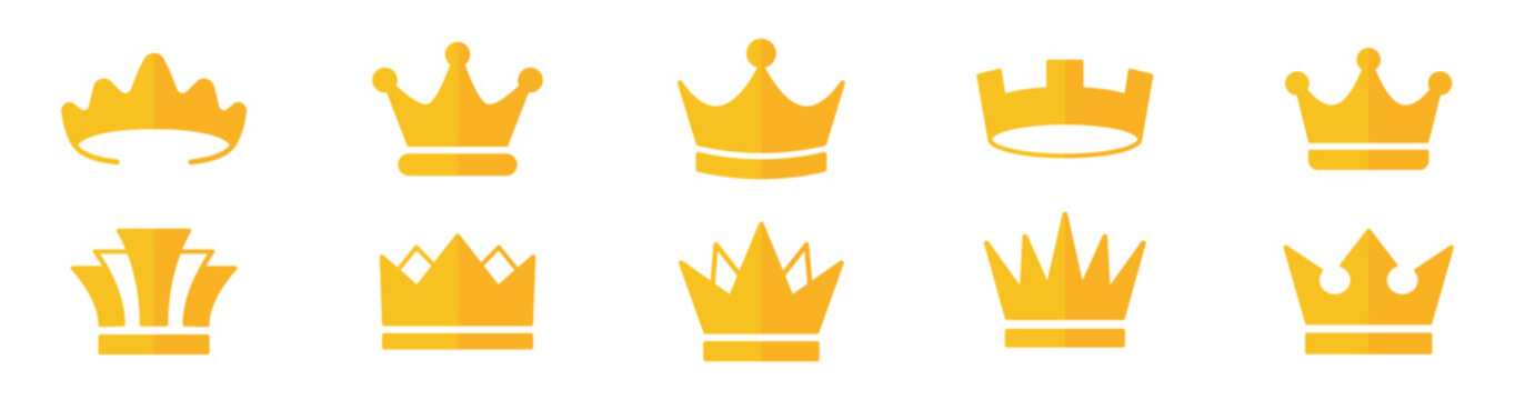 Crown flat icon set. Golden royal crown symbols collection. King and queen crowns. Luxury monarchy and leadership signs. Minimal yellow flat icons &ndash; stock vector