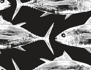 Vector seamless pattern with tuna fish on marine animals theme and ocean life. Logo, menu for restaurant, cafe. Signboard for fish store. Print, fabric, textile. Wallpaper, T-shirt, tile. 