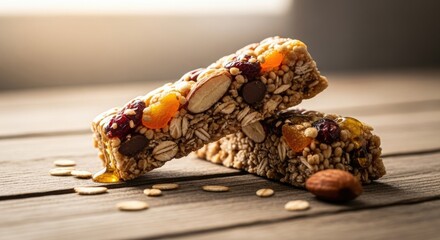 Wholesome cereal bars with dried fruits, nuts, and chocolate chips, glistening with honey, resting on a rustic wooden surface, bathed in soft natural light.