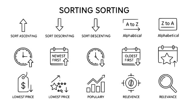 Data sorting icons presenting various ordering options within a digital user interface or data filtering icons representing ascending and descending order for data management in application design