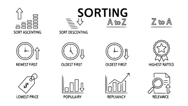 Data sorting icons representing different criteria for ordering information in a digital scene or data filtration symbols displaying various sorting techniques in a graphic scene