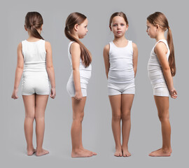 Fototapeta premium Little girl in underwear on grey background. Set of portraits, view from different sides