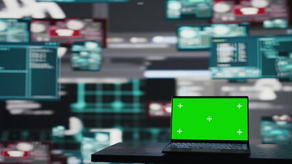 Empty space with mockup screen on pc used to initiate a cyber intrusion, compromising IT security through coding, identity theft and encryption bypass. Trigger alarms for threat detection. Camera B.